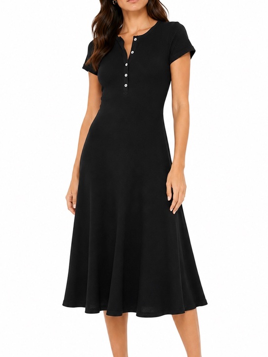 Lauren Ralph Lauren Dresses & Skirts - Lauren Ralph Lauren Black Ribbed 100% Cotton Henley Midi Dress M 90’s Minimalist